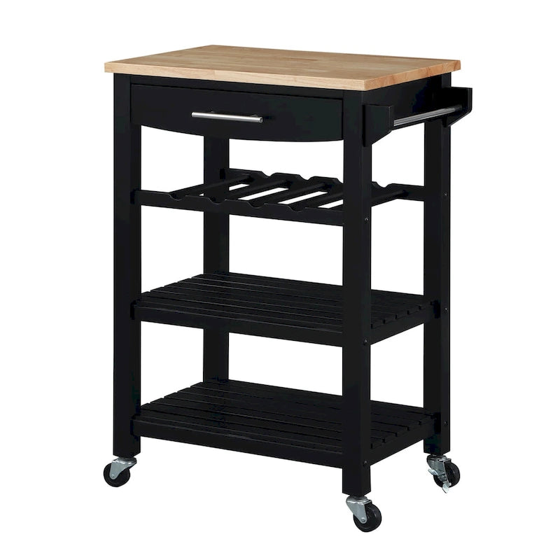 Carrello da Cucina a 4 Ripiani Multicolore con Rotelle, Piano in Legno Massello, Cassetto e Portabottiglie – 1 Persona