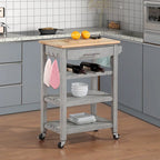 Carrello da Cucina a 4 Ripiani Multicolore con Rotelle, Piano in Legno Massello, Cassetto e Portabottiglie – 1 Persona
