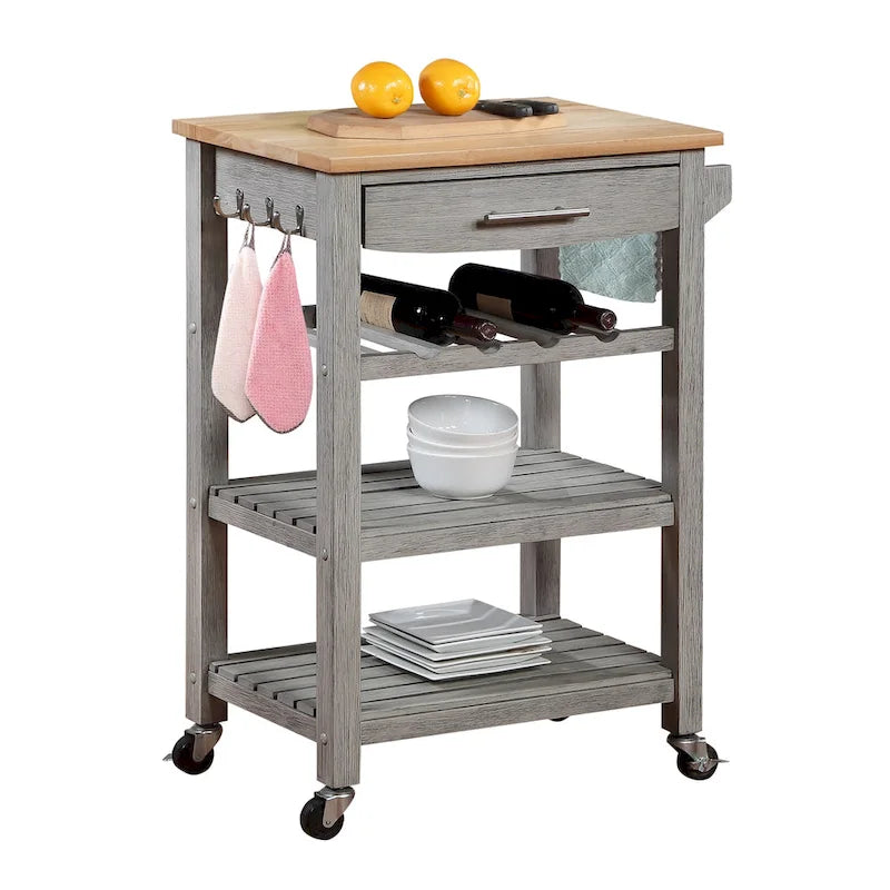 Carrello da Cucina a 4 Ripiani Multicolore con Rotelle, Piano in Legno Massello, Cassetto e Portabottiglie – 1 Persona