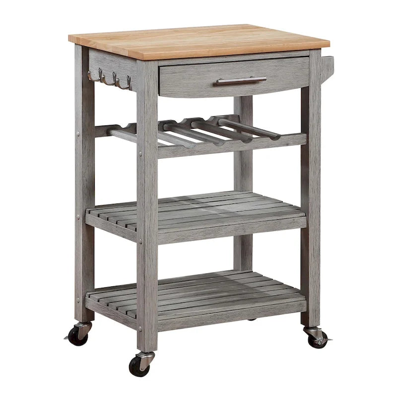 Carrello da Cucina a 4 Ripiani Multicolore con Rotelle, Piano in Legno Massello, Cassetto e Portabottiglie – 1 Persona