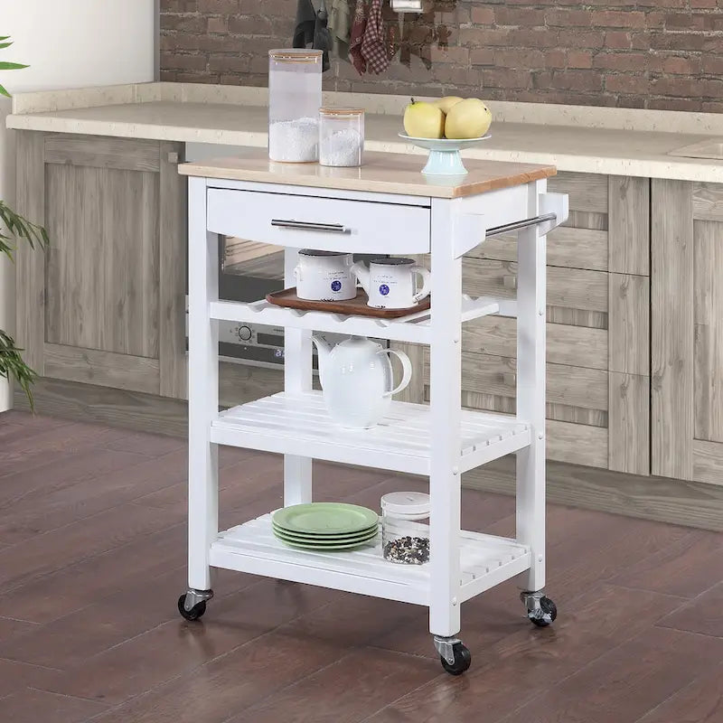 Carrello da Cucina a 4 Ripiani Multicolore con Rotelle, Piano in Legno Massello, Cassetto e Portabottiglie – 1 Persona