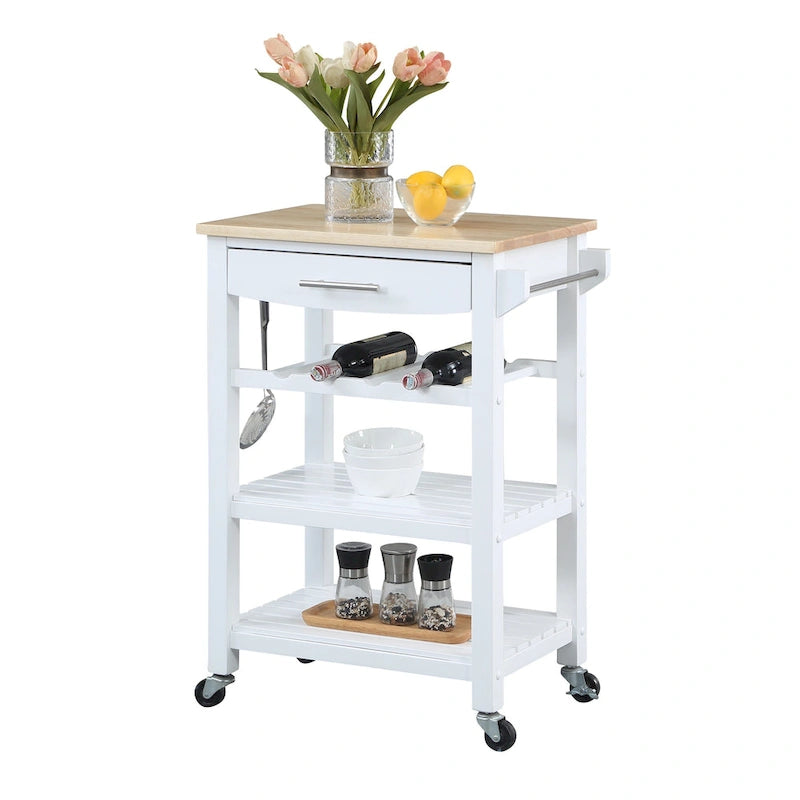 Carrello da Cucina a 4 Ripiani Multicolore con Rotelle, Piano in Legno Massello, Cassetto e Portabottiglie – 1 Persona