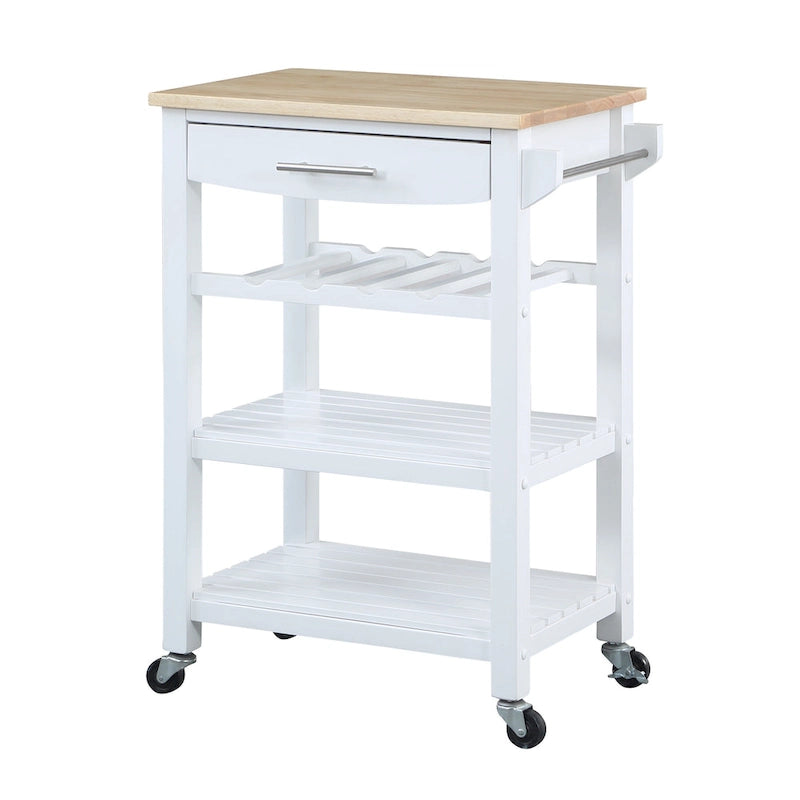 Carrello da Cucina a 4 Ripiani Multicolore con Rotelle, Piano in Legno Massello, Cassetto e Portabottiglie – 1 Persona