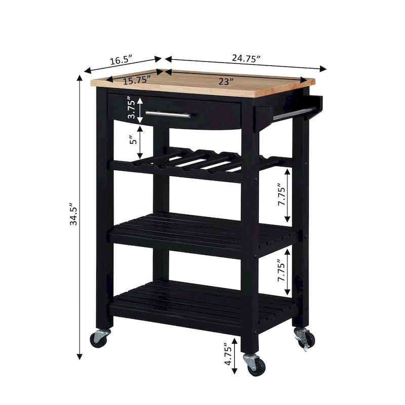 Carrello da Cucina a 4 Ripiani Multicolore con Rotelle, Piano in Legno Massello, Cassetto e Portabottiglie – 1 Persona