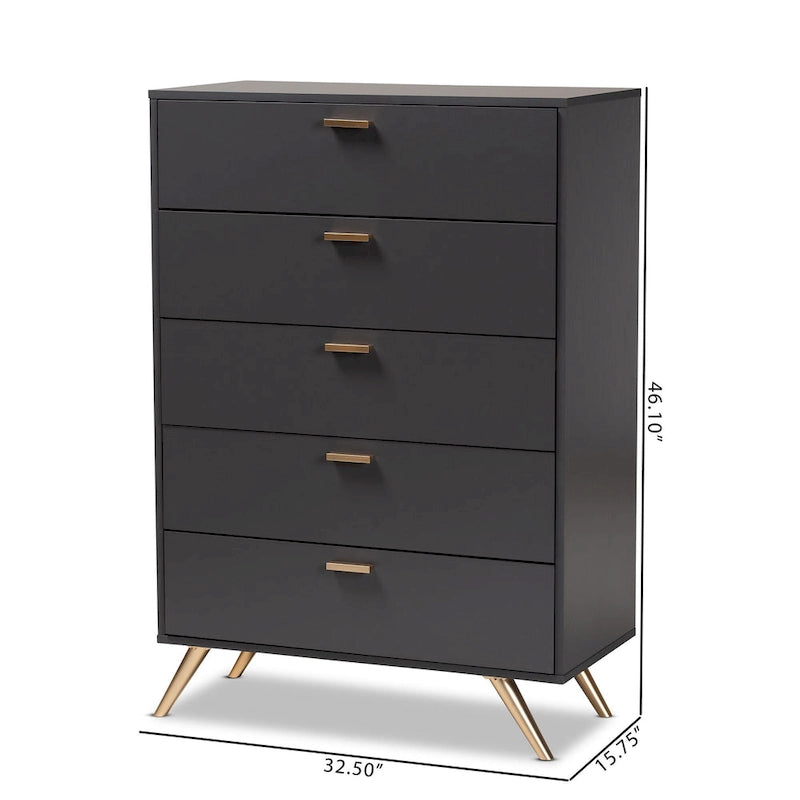 Cassettiera moderna a 5 cassetti grigio scuro e oro