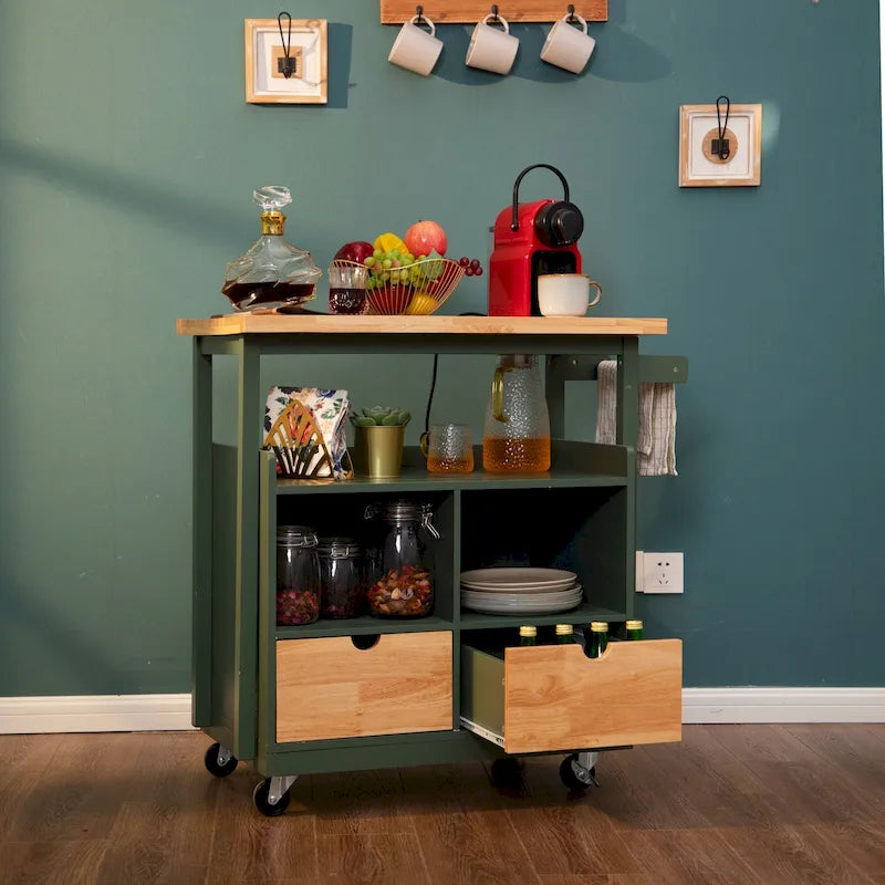 Carrello/Isola da cucina su ruote, Bianco/Verde, con cassetti, per 2 persone
