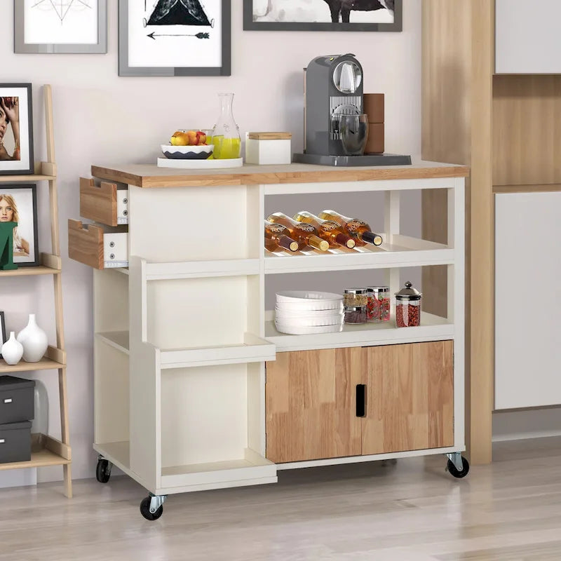 Carrello/Isola da cucina su ruote, Bianco/Verde, con cassetti, per 2 persone