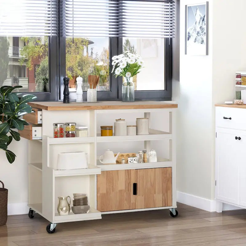 Carrello/Isola da cucina su ruote, Bianco/Verde, con cassetti, per 2 persone