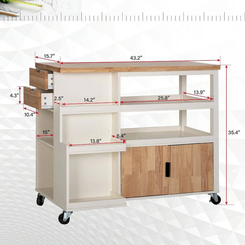 Carrello/Isola da cucina su ruote, Bianco/Verde, con cassetti, per 2 persone