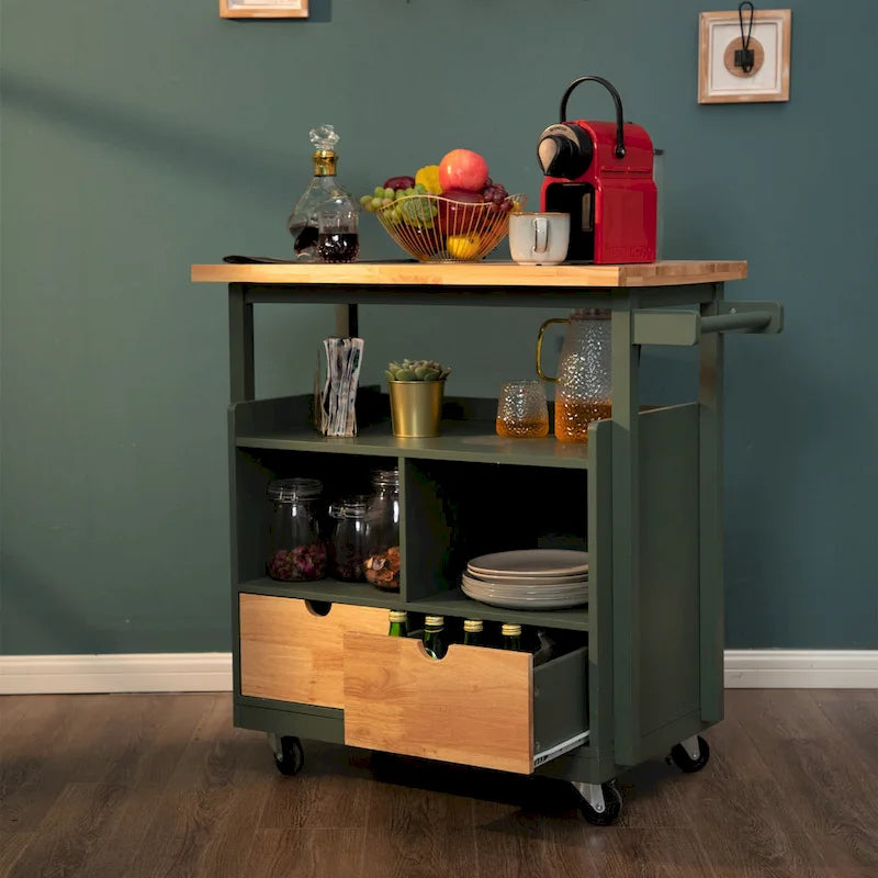 Carrello/Isola da cucina su ruote, Bianco/Verde, con cassetti, per 2 persone