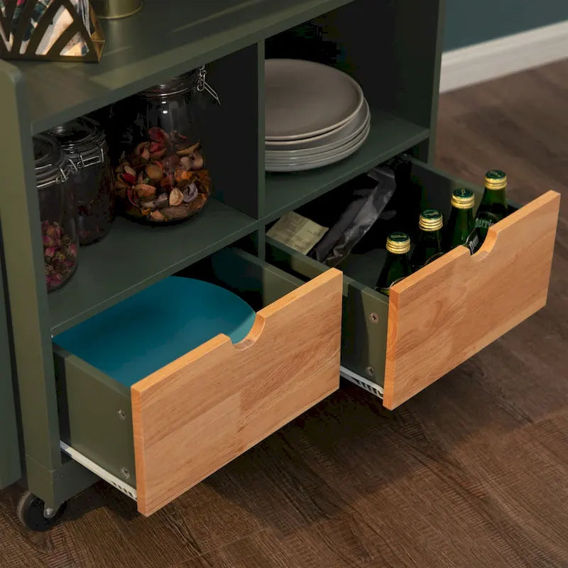 Carrello/Isola da cucina su ruote, Bianco/Verde, con cassetti, per 2 persone