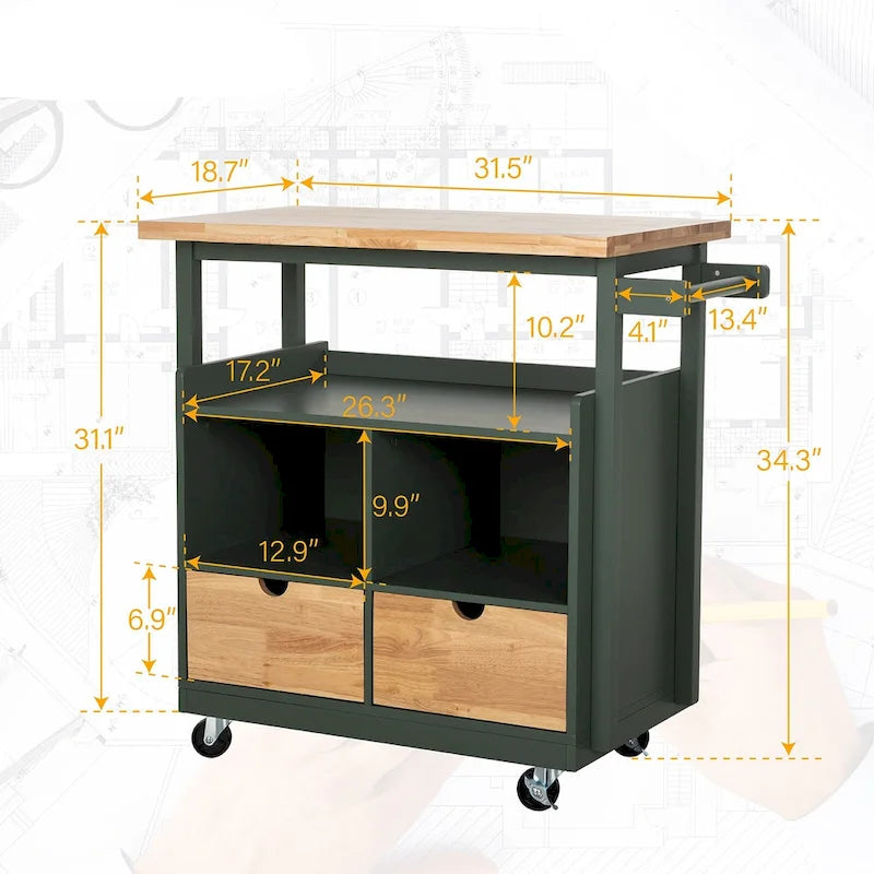 Carrello/Isola da cucina su ruote, Bianco/Verde, con cassetti, per 2 persone
