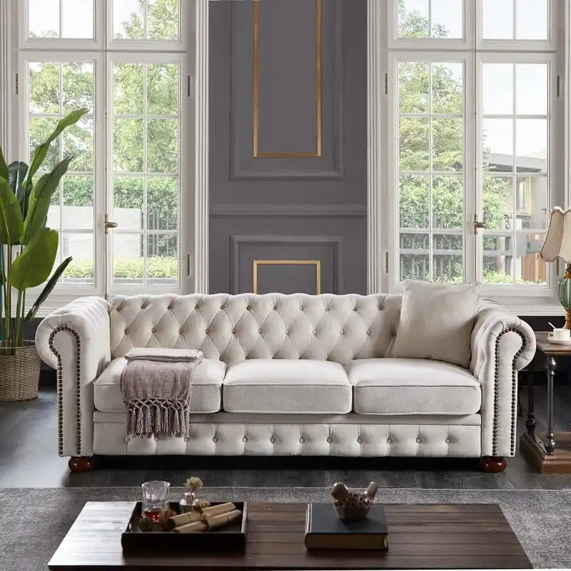 Divano 3 posti in lino beige/grigio chiaro