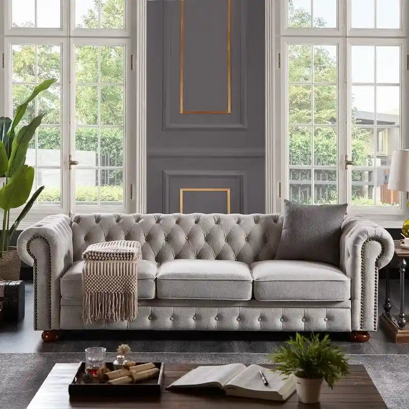 Divano 3 posti in lino beige/grigio chiaro