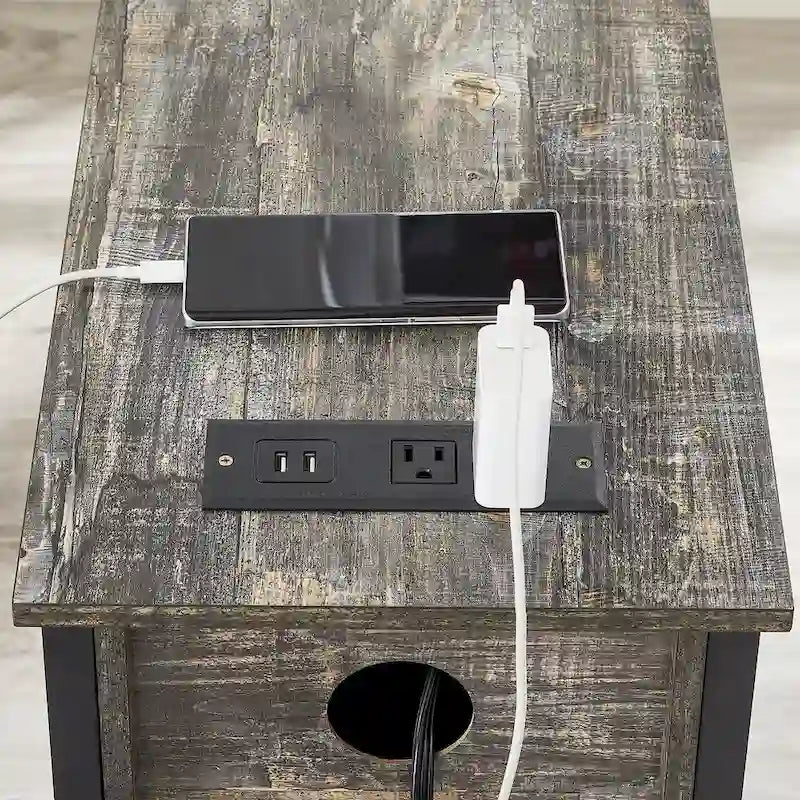 Comodino con 2 cassetti e stazione di ricarica, nero/grigio antico, set da 2