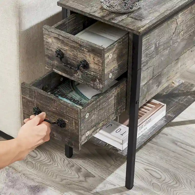 Comodino con 2 cassetti e stazione di ricarica, nero/grigio antico, set da 2