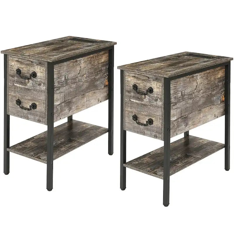 Comodino con 2 cassetti e stazione di ricarica, nero/grigio antico, set da 2