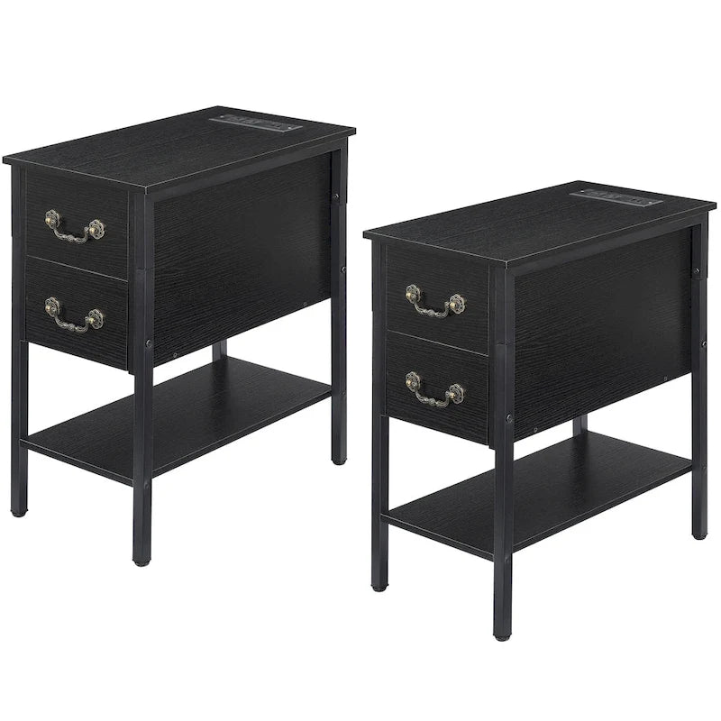 Comodino con 2 cassetti e stazione di ricarica, nero/grigio antico, set da 2