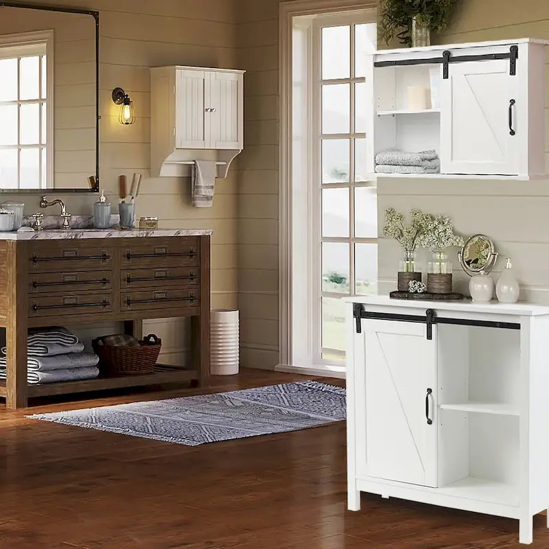 Mobile contenitore da bagno autoportante in stile rustico bianco con anta scorrevole a fienile
