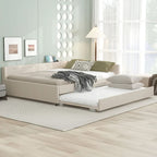 Letto imbottito a piattaforma Queen beige con porte USB e letto estraibile singolo, 2 posti letto