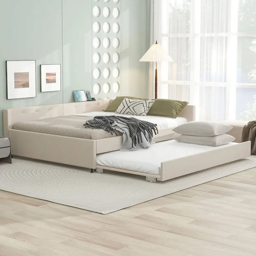 Letto imbottito a piattaforma Queen beige con porte USB e letto estraibile singolo, 2 posti letto