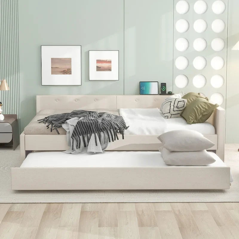 Letto imbottito a piattaforma Queen beige con porte USB e letto estraibile singolo, 2 posti letto
