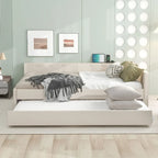 Letto imbottito a piattaforma Queen beige con porte USB e letto estraibile singolo, 2 posti letto