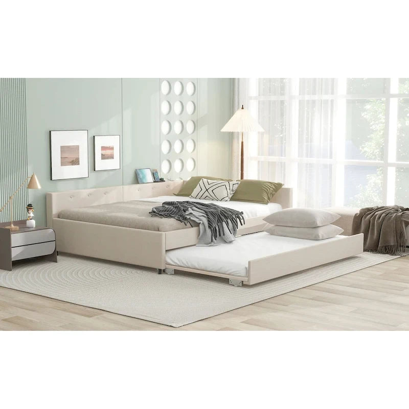 Letto imbottito a piattaforma Queen beige con porte USB e letto estraibile singolo, 2 posti letto