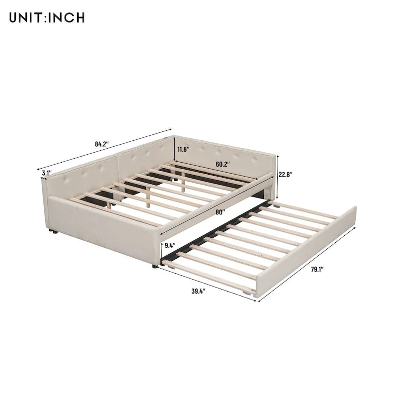 Letto imbottito a piattaforma Queen beige con porte USB e letto estraibile singolo, 2 posti letto