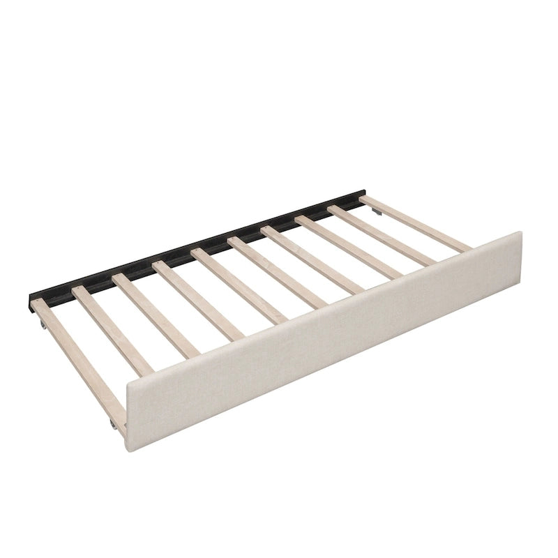 Letto imbottito a piattaforma Queen beige con porte USB e letto estraibile singolo, 2 posti letto
