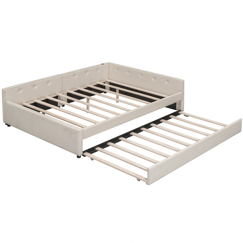 Letto imbottito a piattaforma Queen beige con porte USB e letto estraibile singolo, 2 posti letto