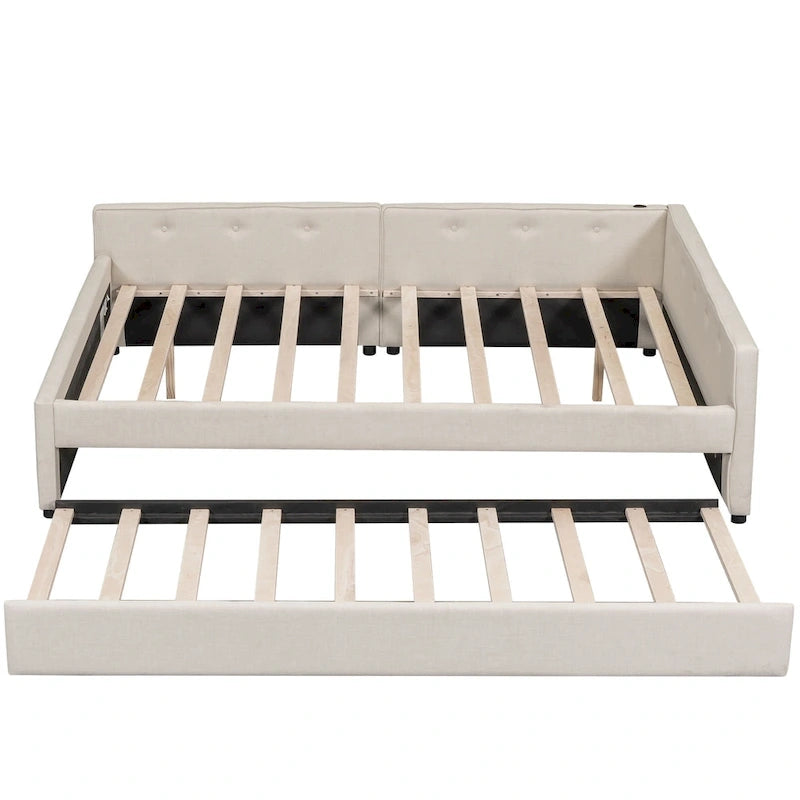 Letto imbottito a piattaforma Queen beige con porte USB e letto estraibile singolo, 2 posti letto