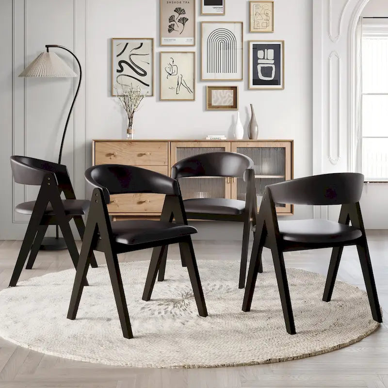 Sedia da pranzo nera a V, rivestita in PU, set da 4