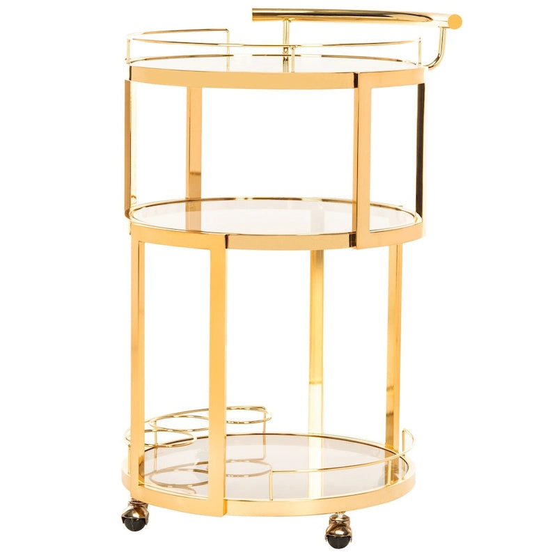 Carrello da Bar Rotondo a 3 Ripiani con Portabottiglie in Oro/Canna di Fucile – 1 Persona