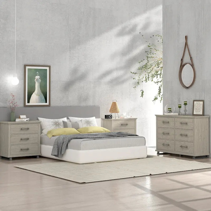 Set Camera da Letto 3 Pezzi Stile Fattoria (Bianco Antico / Beige) – 2 Comodini + 1 Cassettiera, 1 Stanza