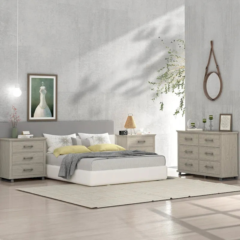 Set Camera da Letto 3 Pezzi Stile Fattoria (Bianco Antico / Beige) – 2 Comodini + 1 Cassettiera, 1 Stanza