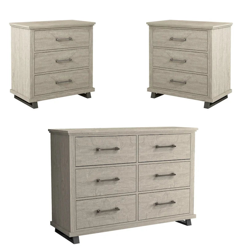 Set Camera da Letto 3 Pezzi Stile Fattoria (Bianco Antico / Beige) – 2 Comodini + 1 Cassettiera, 1 Stanza