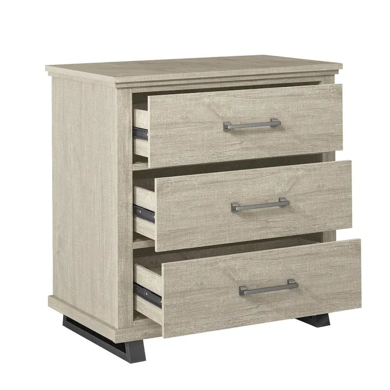 Set Camera da Letto 3 Pezzi Stile Fattoria (Bianco Antico / Beige) – 2 Comodini + 1 Cassettiera, 1 Stanza
