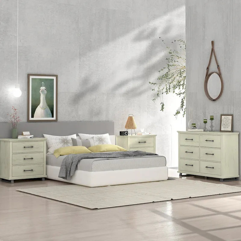 Set Camera da Letto 3 Pezzi Stile Fattoria (Bianco Antico / Beige) – 2 Comodini + 1 Cassettiera, 1 Stanza
