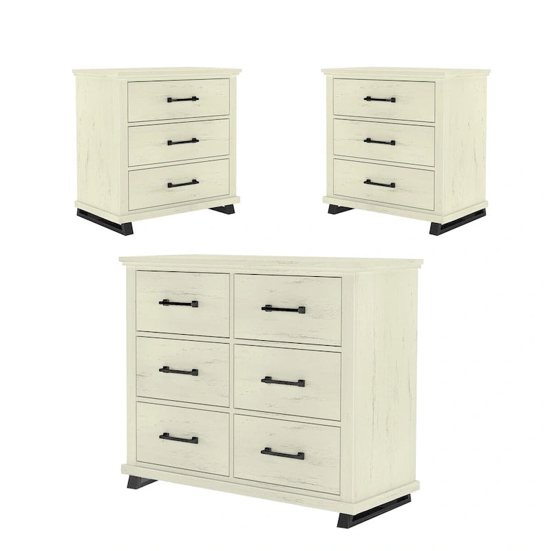 Set Camera da Letto 3 Pezzi Stile Fattoria (Bianco Antico / Beige) – 2 Comodini + 1 Cassettiera, 1 Stanza
