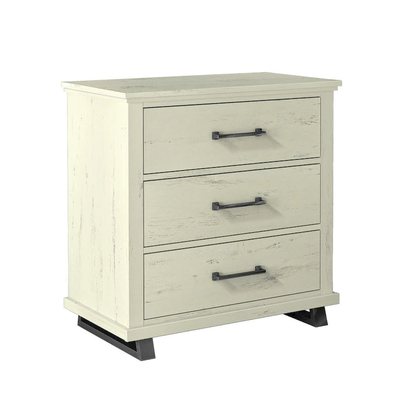 Set Camera da Letto 3 Pezzi Stile Fattoria (Bianco Antico / Beige) – 2 Comodini + 1 Cassettiera, 1 Stanza
