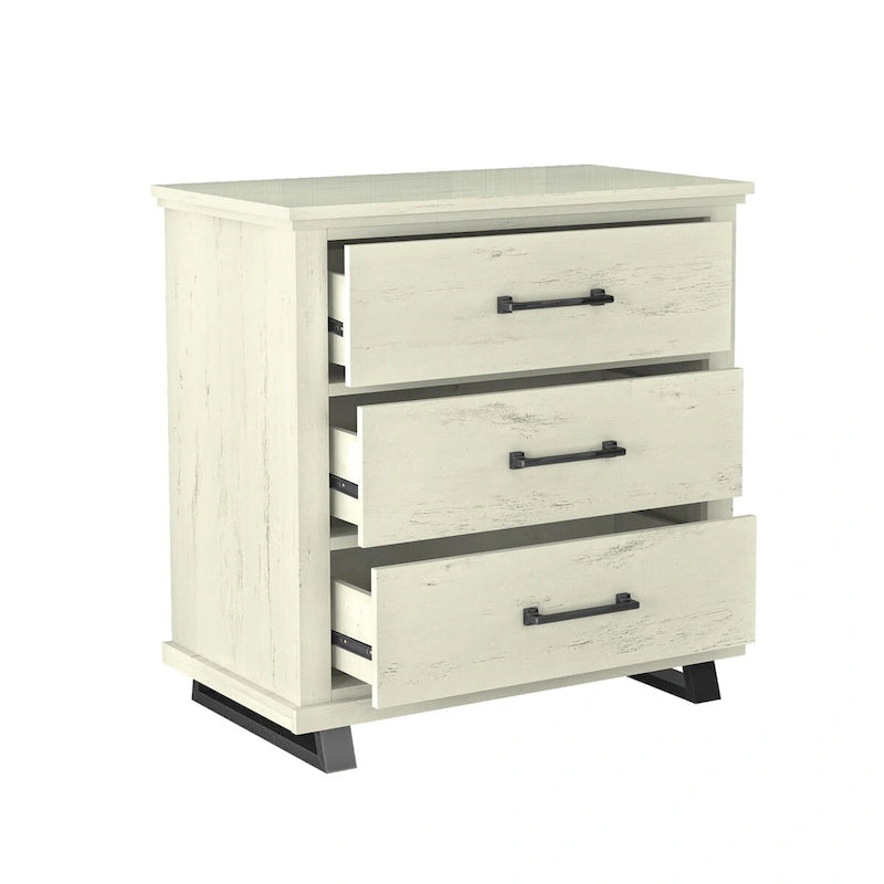 Set Camera da Letto 3 Pezzi Stile Fattoria (Bianco Antico / Beige) – 2 Comodini + 1 Cassettiera, 1 Stanza