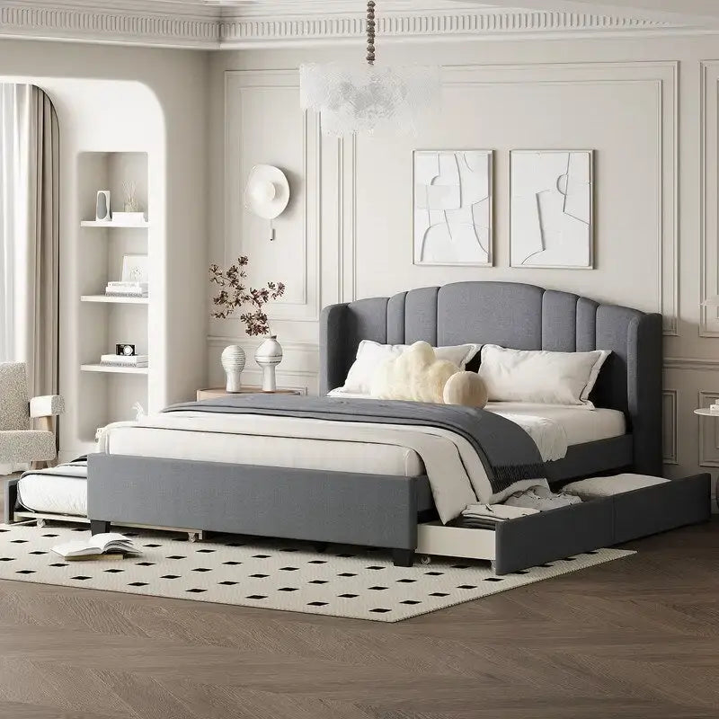 Letto imbottito in lino Queen grigio/beige/rosa con letto estraibile singolo e 2 cassetti