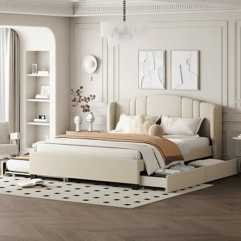 Letto imbottito in lino Queen grigio/beige/rosa con letto estraibile singolo e 2 cassetti