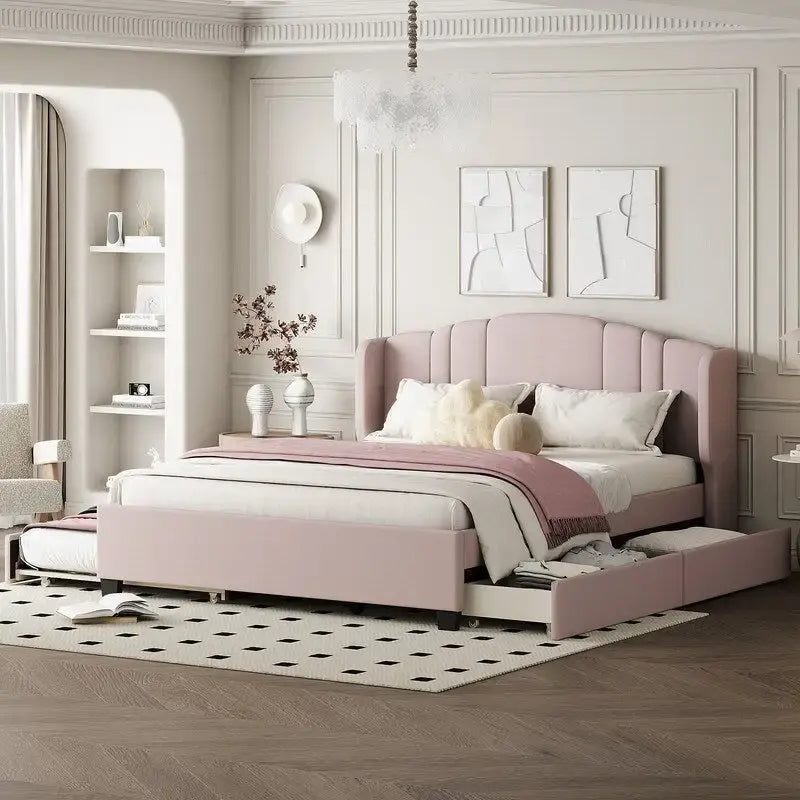 Letto imbottito in lino Queen grigio/beige/rosa con letto estraibile singolo e 2 cassetti