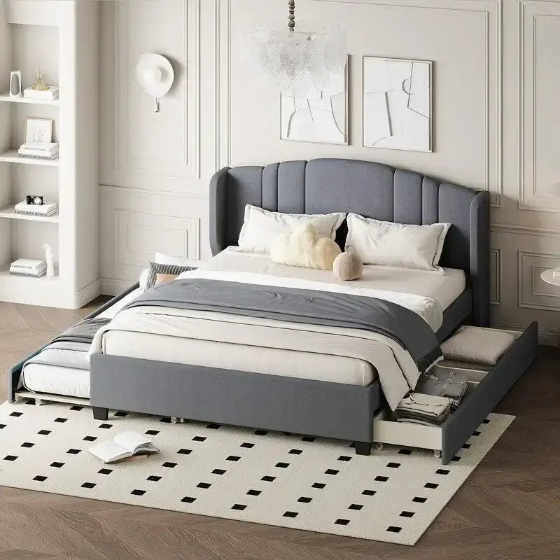 Letto imbottito in lino Queen grigio/beige/rosa con letto estraibile singolo e 2 cassetti