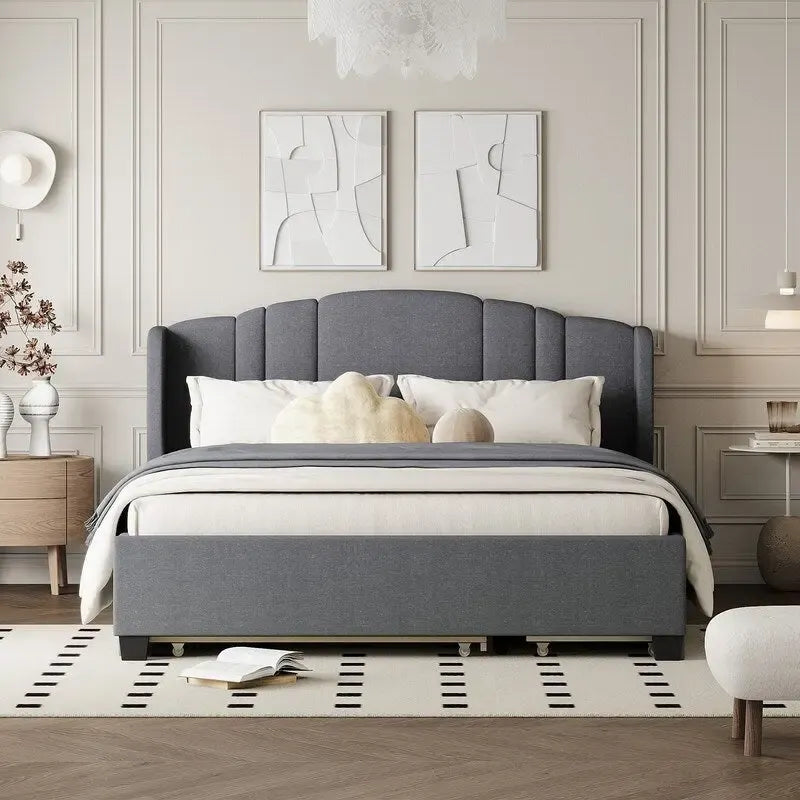 Letto imbottito in lino Queen grigio/beige/rosa con letto estraibile singolo e 2 cassetti