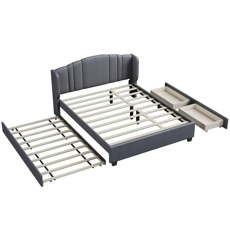 Letto imbottito in lino Queen grigio/beige/rosa con letto estraibile singolo e 2 cassetti