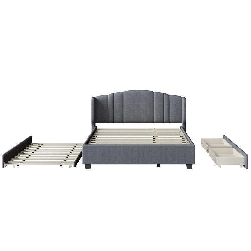 Letto imbottito in lino Queen grigio/beige/rosa con letto estraibile singolo e 2 cassetti