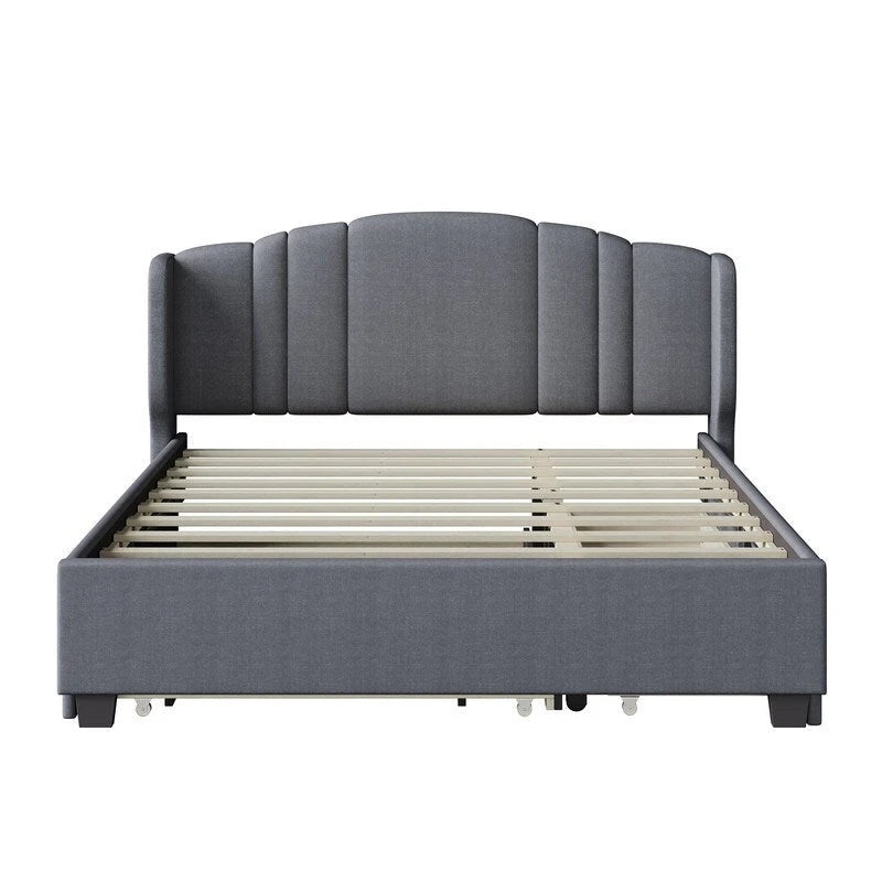 Letto imbottito in lino Queen grigio/beige/rosa con letto estraibile singolo e 2 cassetti